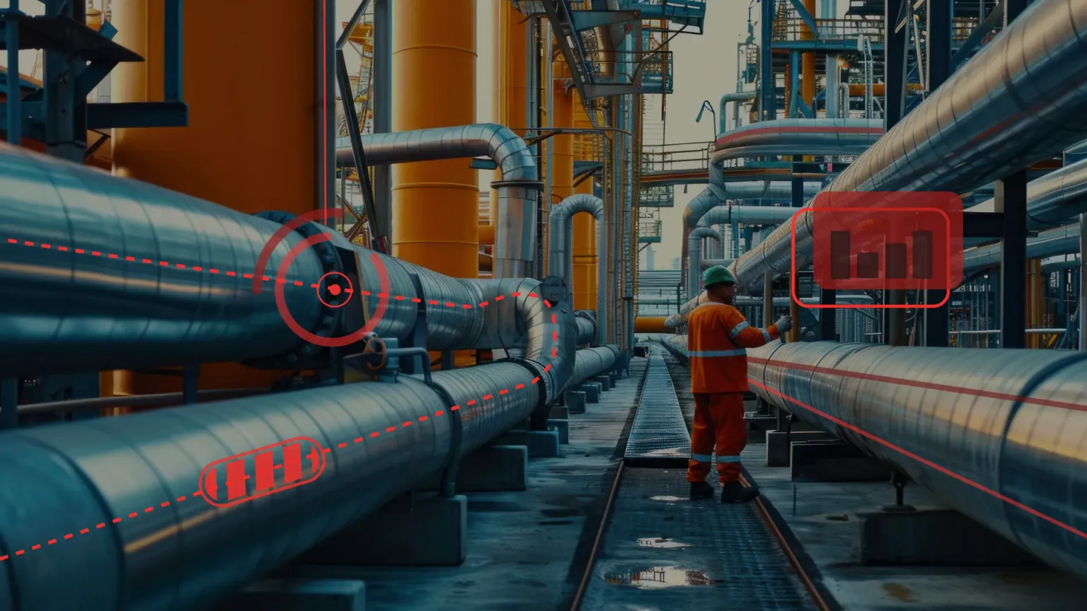 Merkbeeld van Coretecs: een technicus tussen industriële leidingen, met datavisualisaties over het beeld