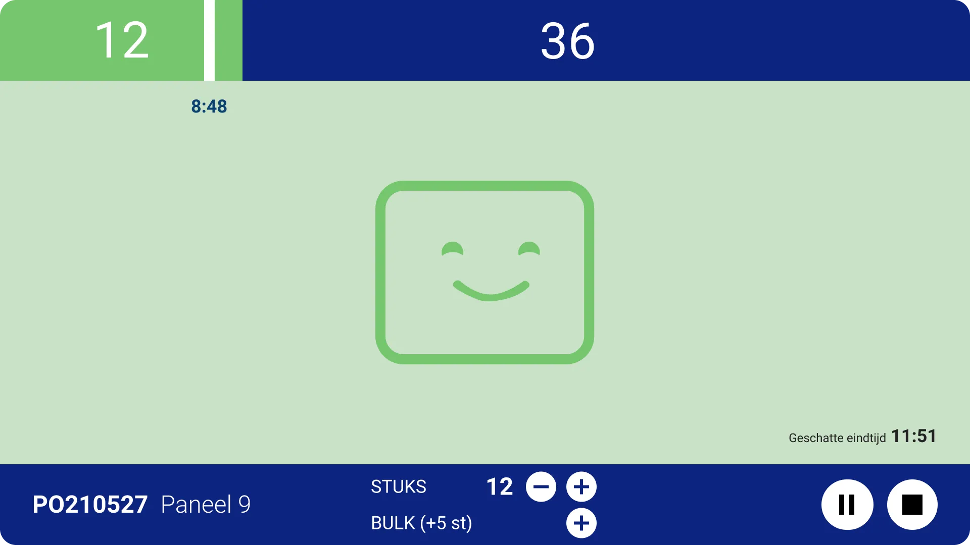 Het voortgangsscherm van de Andon-applicatie in het groen, met een grote lachende smiley en de teller op 12 stuks klaar en 36 te gaan
