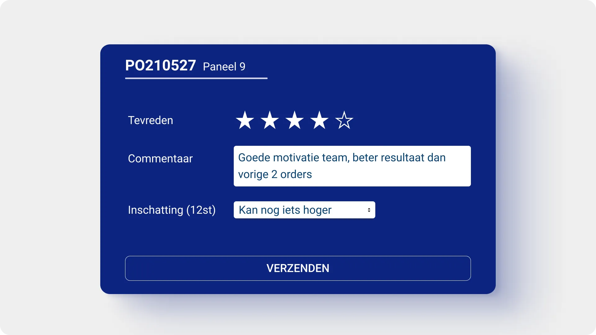 Het afsluitscherm van een order: het team geeft een tevredenheidsscore met sterren, schrijft commentaar en geeft aan of de inschatting hoger kan