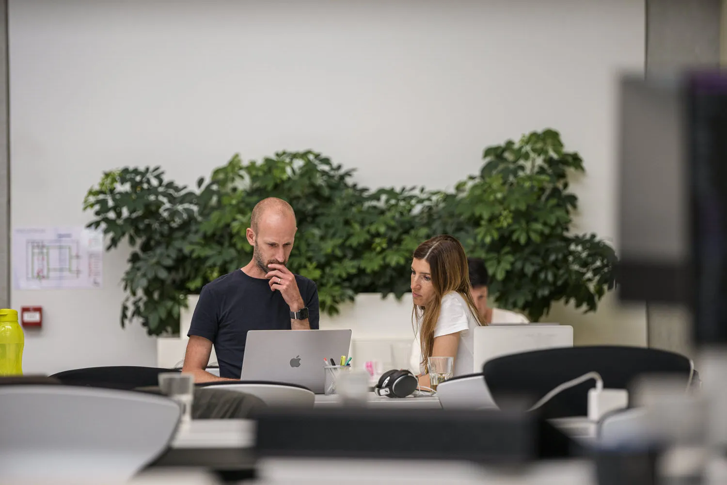 Het lichte kantoor met collega's aan het werk tussen hangplanten en open rekken, met een babbel aan een eiland verderop