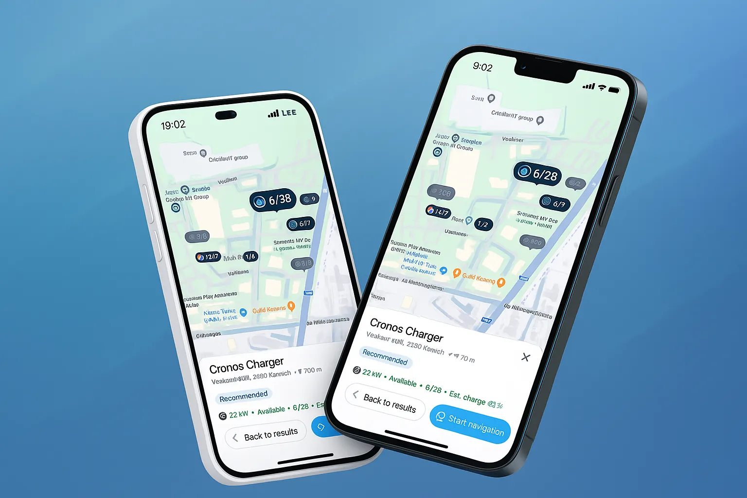 Twee smartphones met de laadapp: een kaart met beschikbare laadpunten en de detailweergave van een laadpaal
