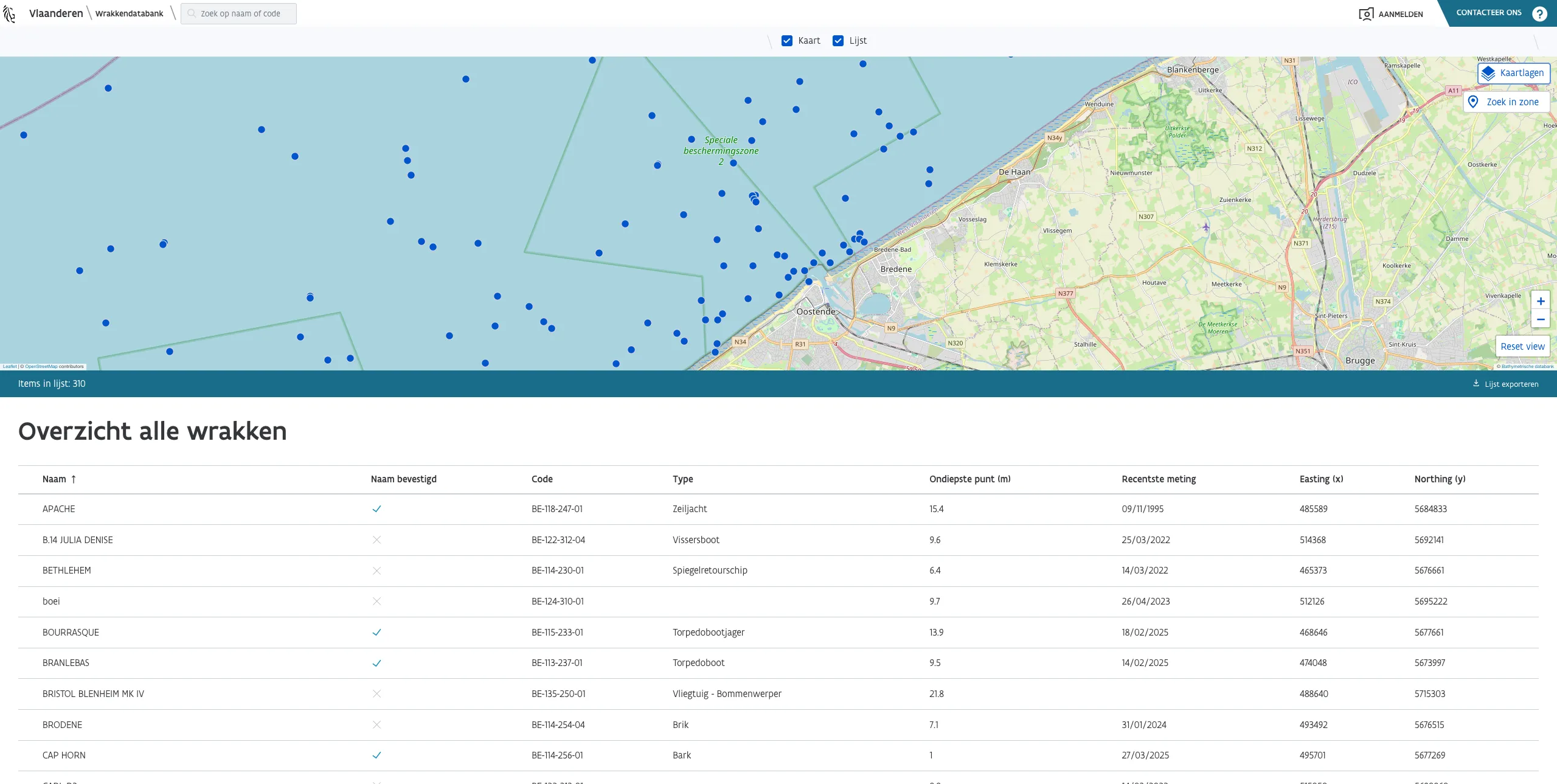 Overzichtsscherm met de kaart van de Belgische kust, de wrakken als punten en daaronder de lijst met alle wrakken